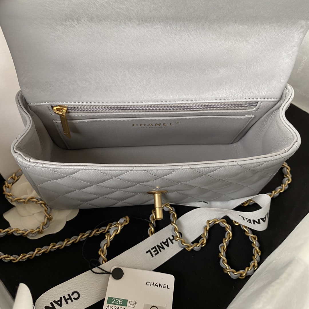 Chanel AS2431 Mini flap Gray Lambskin bag with top handle Gold