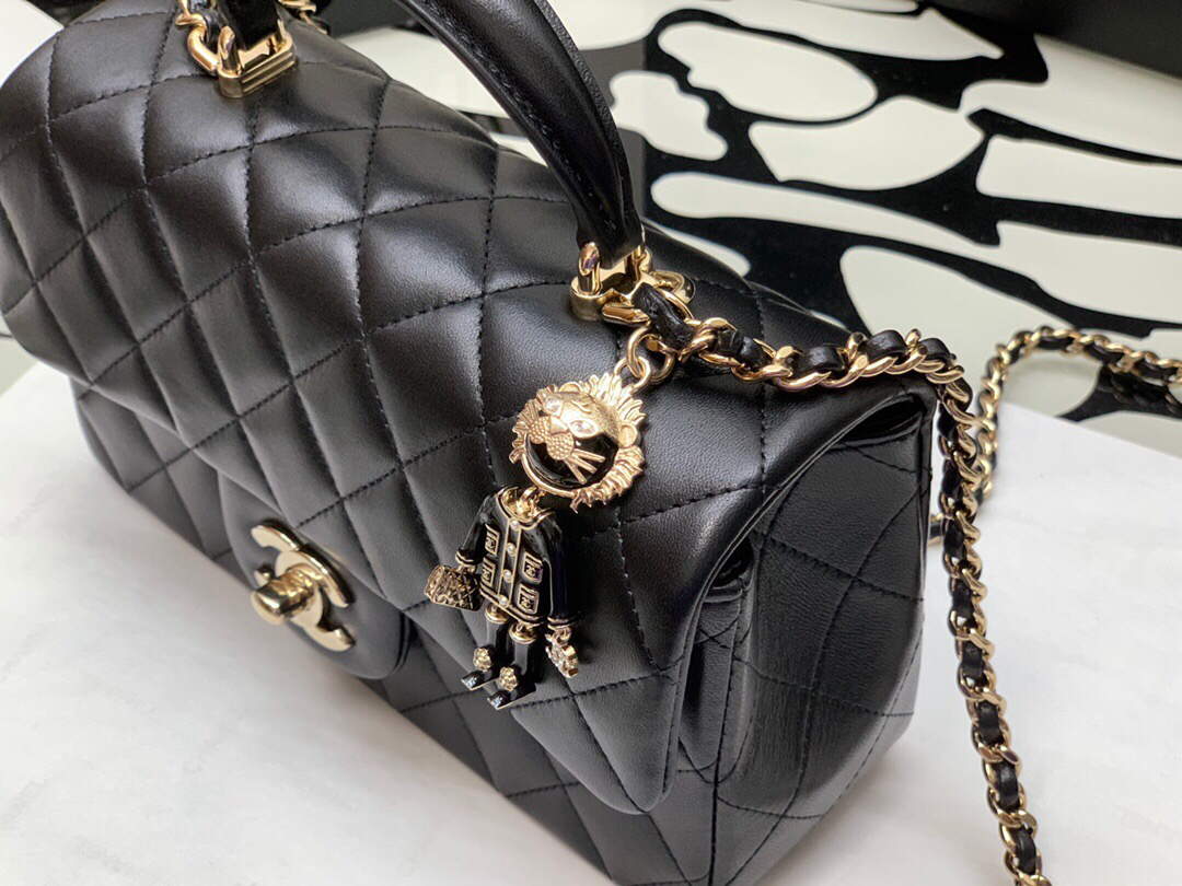 Chanel AS2431 Mini flap Lambskin bag with top handle Black Lion Bright Gold - Default Title - View 3