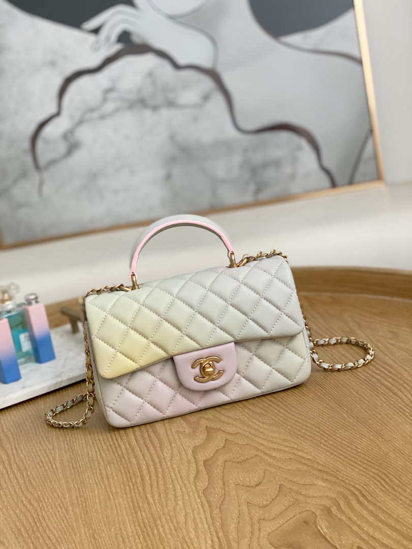 Chanel AS2431 Mini Flap Lambskin Bag with top Handle Gradient Beige