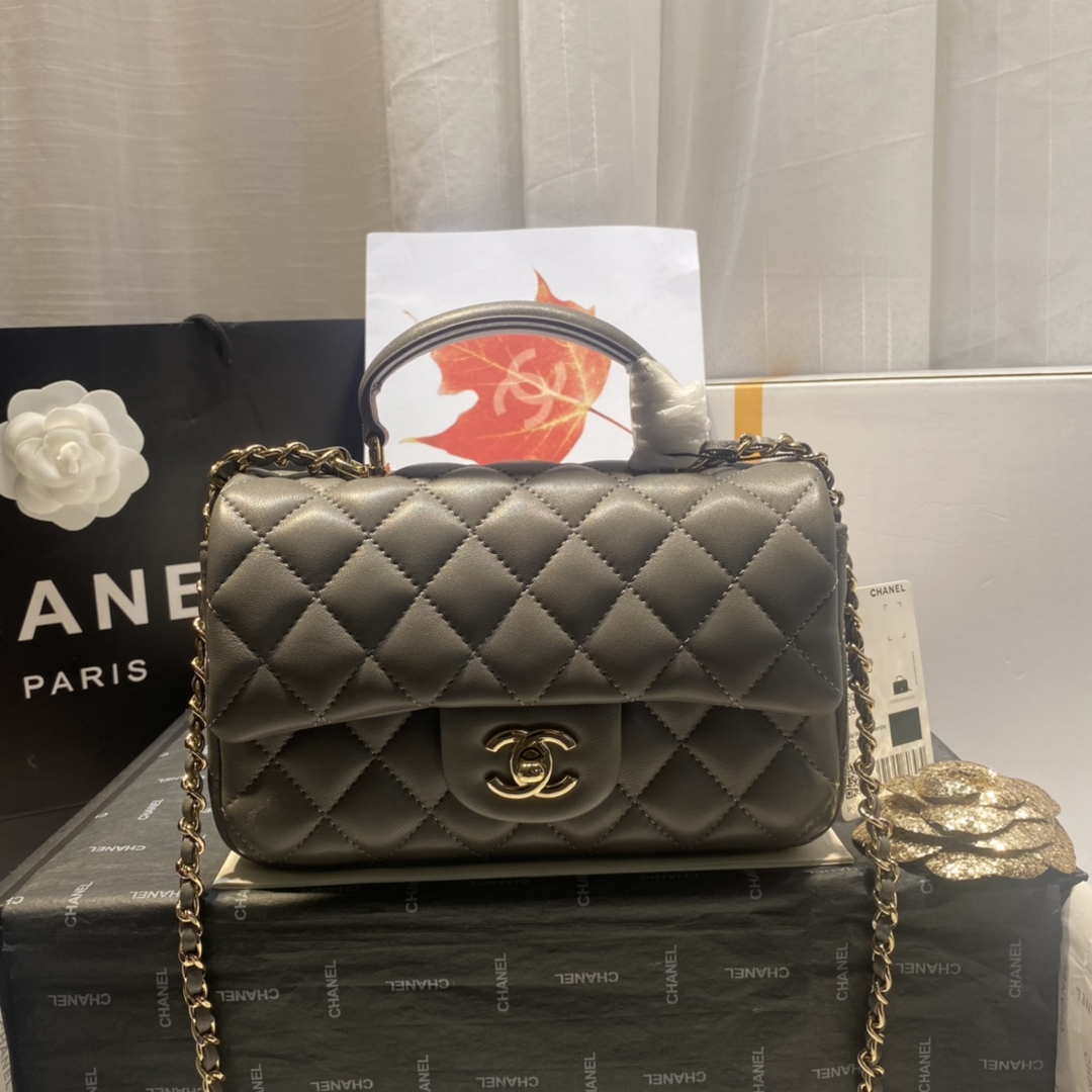 Chanel AS2431 Mini Flap Lambskin Bag with top Handle Gray Bright gold - Default Title - View 1