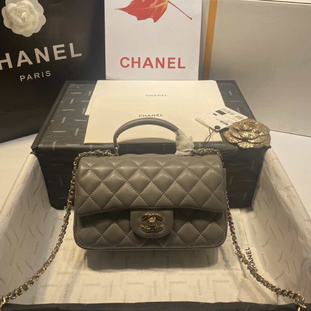 Chanel AS2431 Mini Flap Lambskin Bag with top Handle Gray Bright gold - Default Title - View 2