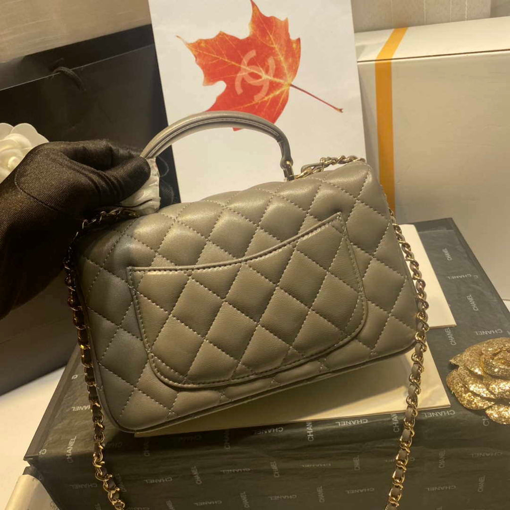 Chanel AS2431 Mini Flap Lambskin Bag with top Handle Gray Bright gold