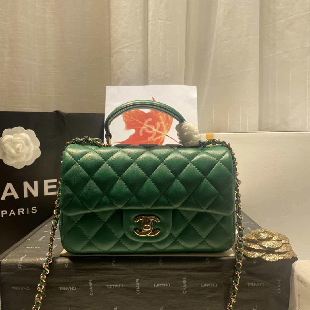 Chanel AS2431 Mini Flap Lambskin Bag with top Handle Green Bright gold - Default Title - View 1