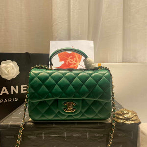 Chanel AS2431 Mini Flap Lambskin Bag with top Handle Green Bright gold - Default Title - View 1