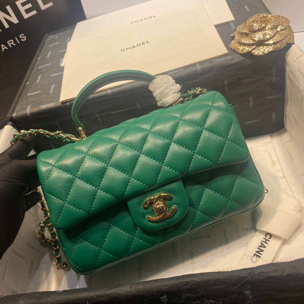 Chanel AS2431 Mini Flap Lambskin Bag with top Handle Green Bright gold