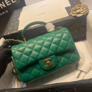 Chanel AS2431 Mini Flap Lambskin Bag with top Handle Green Bright gold - Default Title - View 6