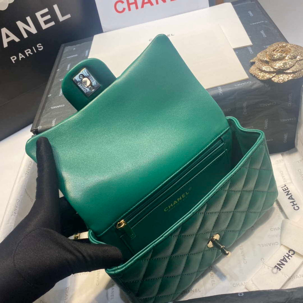 Chanel AS2431 Mini Flap Lambskin Bag with top Handle Green Bright gold