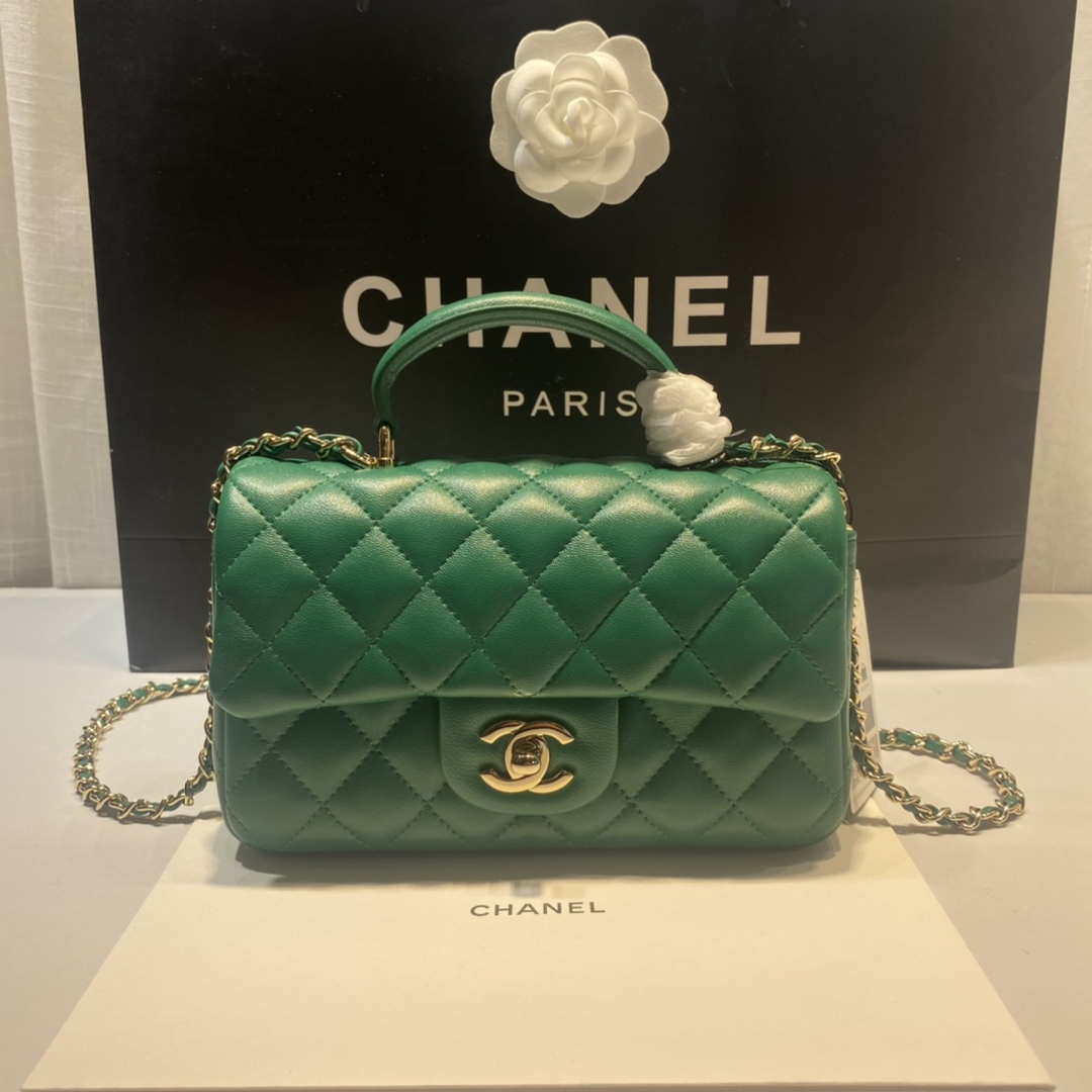 Chanel AS2431 Mini Flap Lambskin Bag with top Handle Green Bright gold - Default Title - View 8