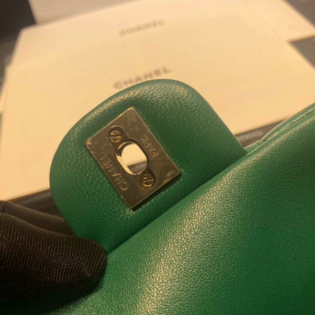 Chanel AS2431 Mini Flap Lambskin Bag with top Handle Green Bright gold