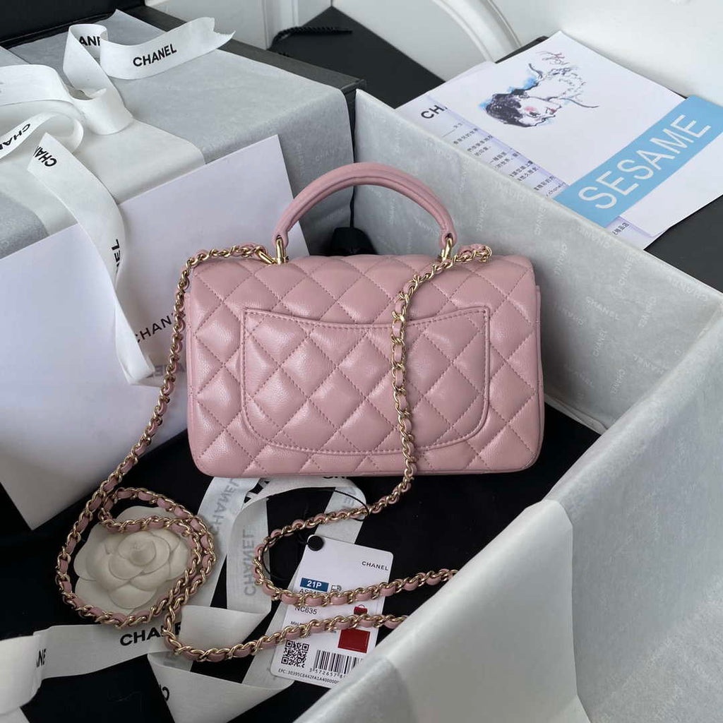 Chanel AS2431 Mini flap Lambskin bag with top handle Light gold Dark Pink