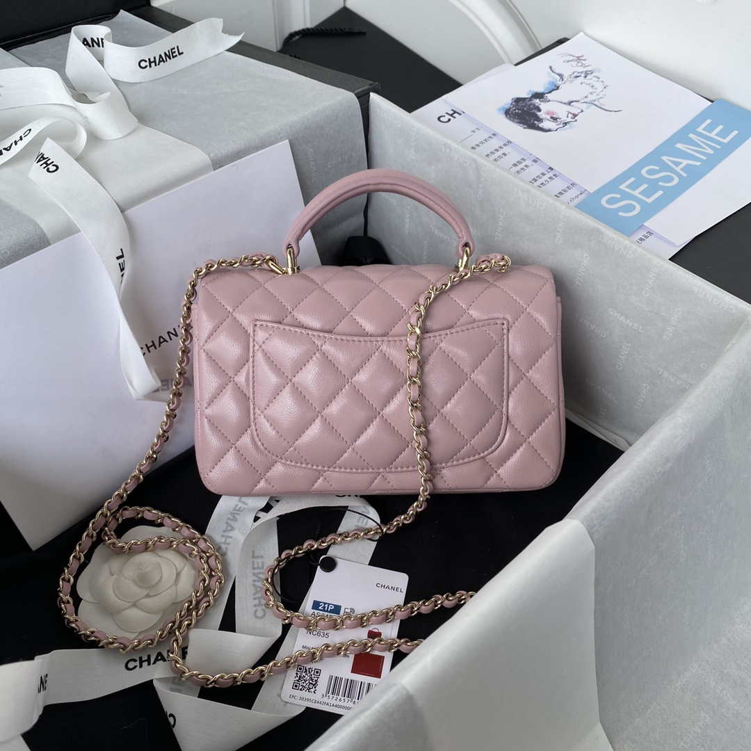 Chanel AS2431 Mini flap Lambskin bag with top handle Light gold Dark Pink