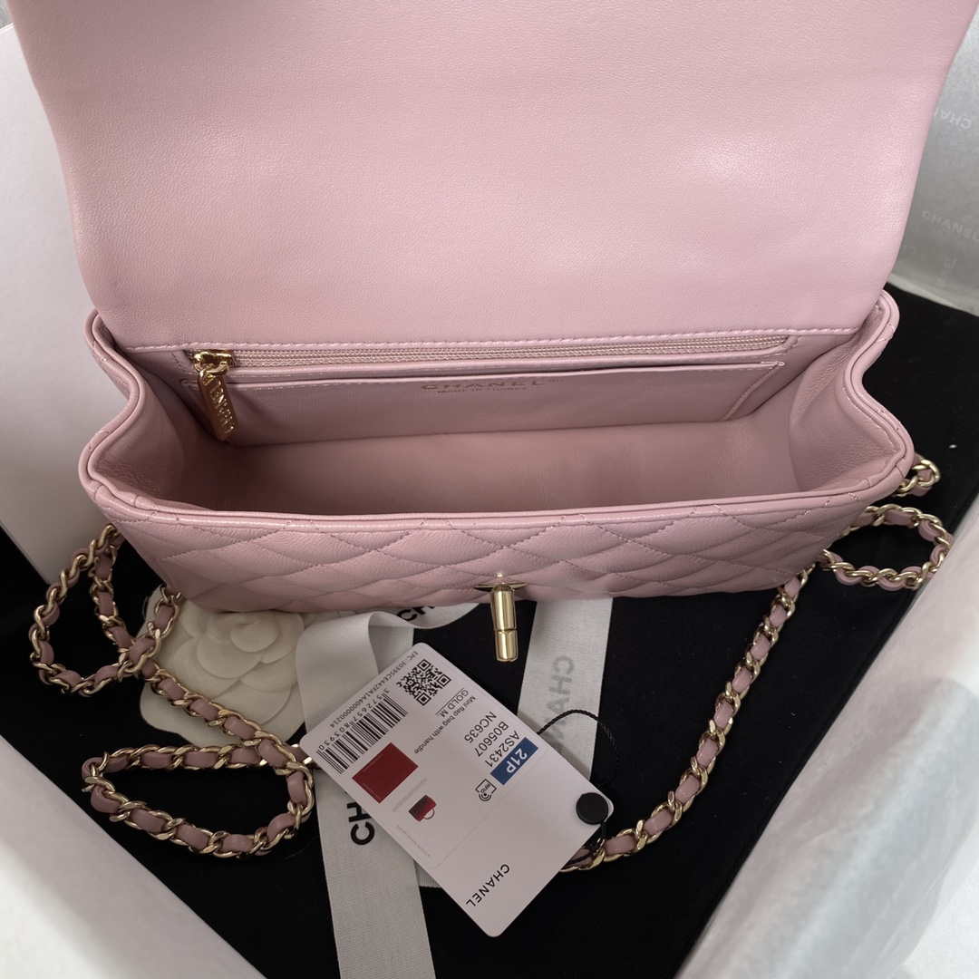 Chanel AS2431 Mini flap Lambskin bag with top handle Light gold Dark Pink - Default Title - View 7