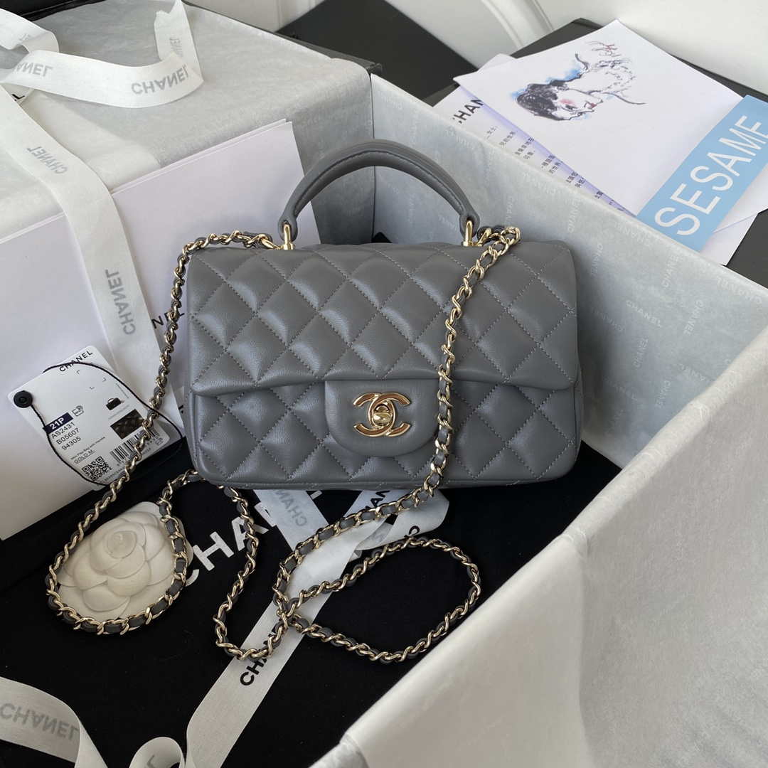 Chanel AS2431 Mini flap Lambskin bag with top handle Light gold Dark Gray - Default Title - View 1