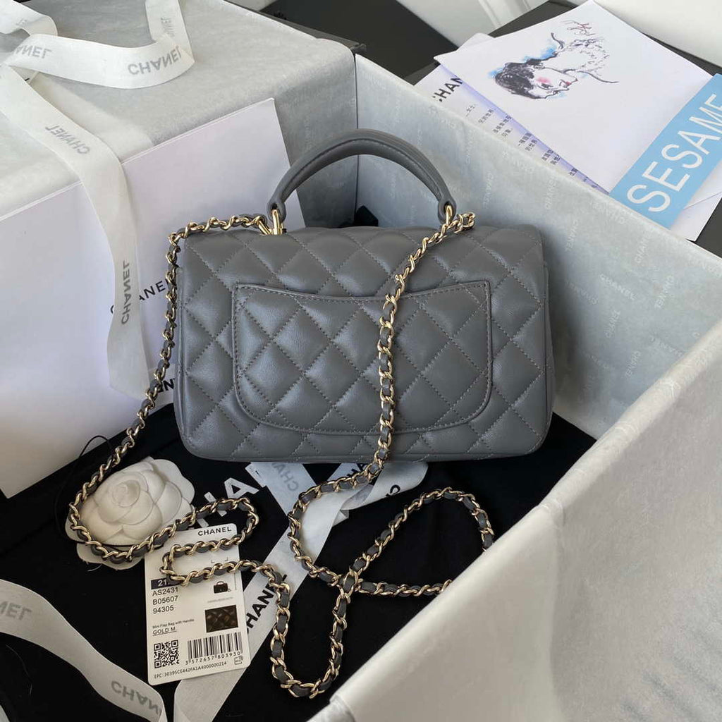 Chanel AS2431 Mini flap Lambskin bag with top handle Light gold Dark Gray