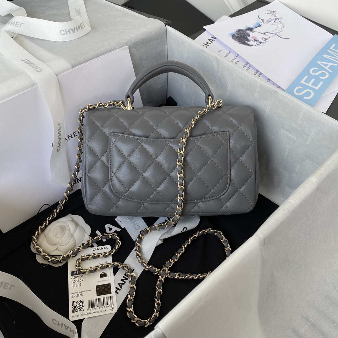 Chanel AS2431 Mini flap Lambskin bag with top handle Light gold Dark Gray - Default Title - View 2