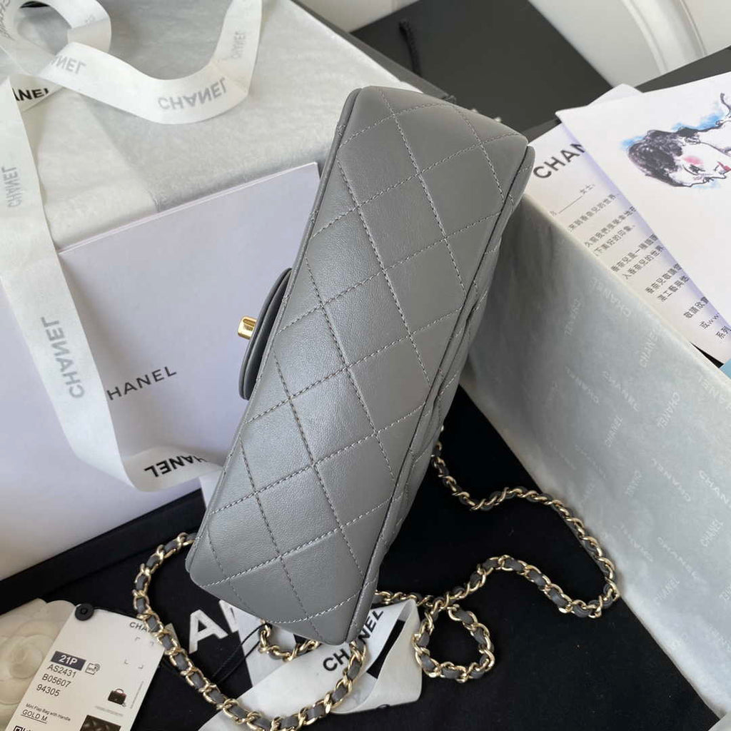Chanel AS2431 Mini flap Lambskin bag with top handle Light gold Dark Gray