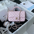 Chanel AS2431 Mini flap Lambskin bag with top handle Light gold Pink