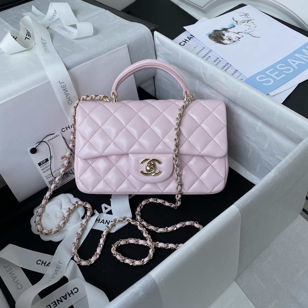 Chanel AS2431 Mini flap Lambskin bag with top handle Light gold Pink