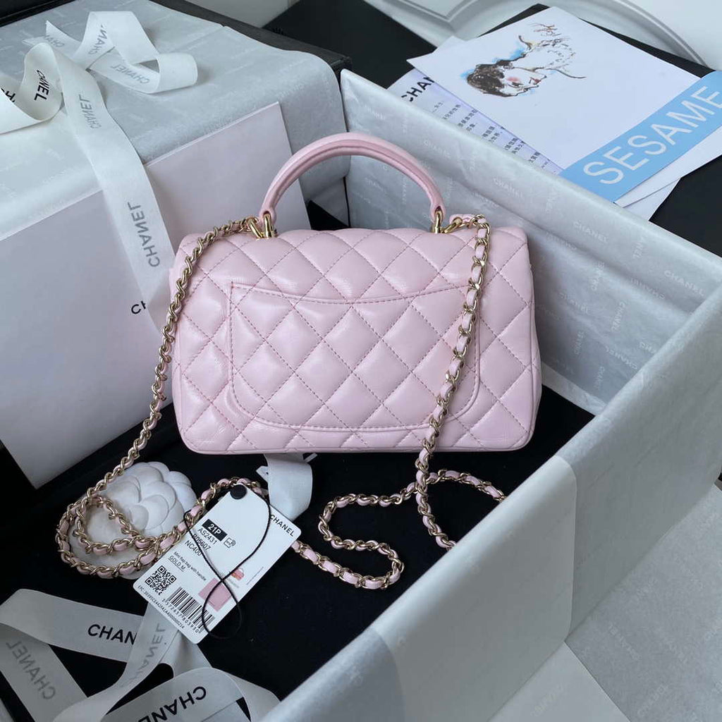 Chanel AS2431 Mini flap Lambskin bag with top handle Light gold Pink