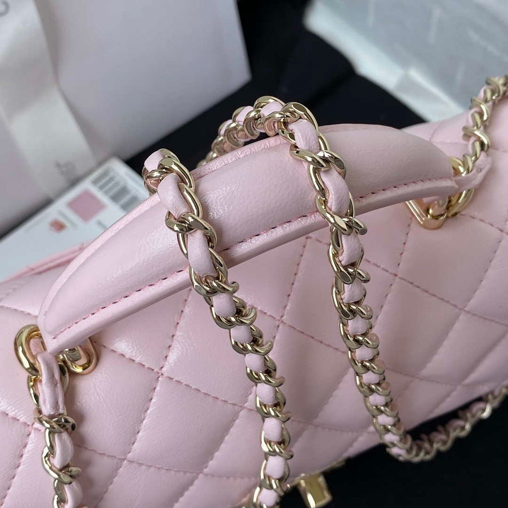 Chanel AS2431 Mini flap Lambskin bag with top handle Light gold Pink