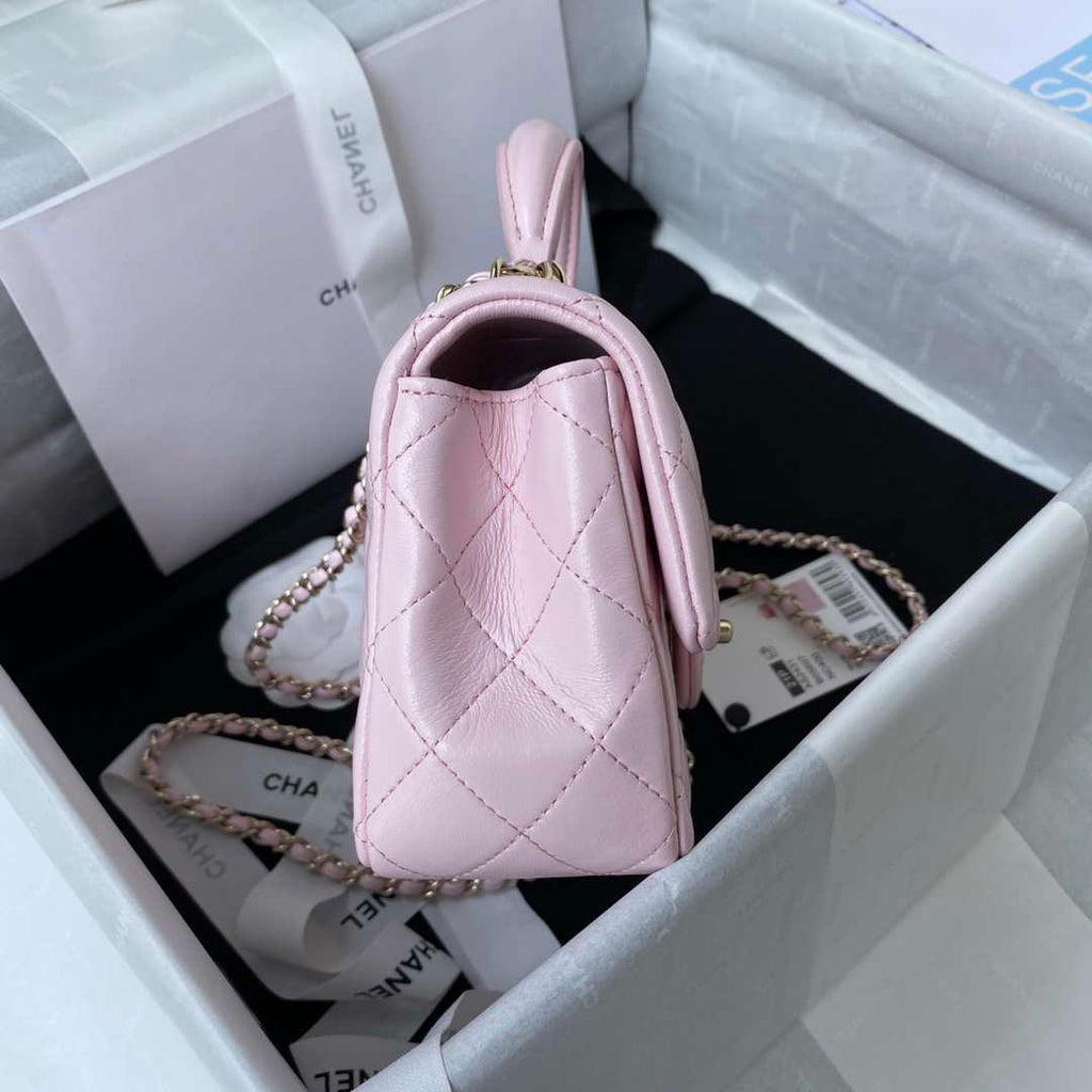 Chanel AS2431 Mini flap Lambskin bag with top handle Light gold Pink