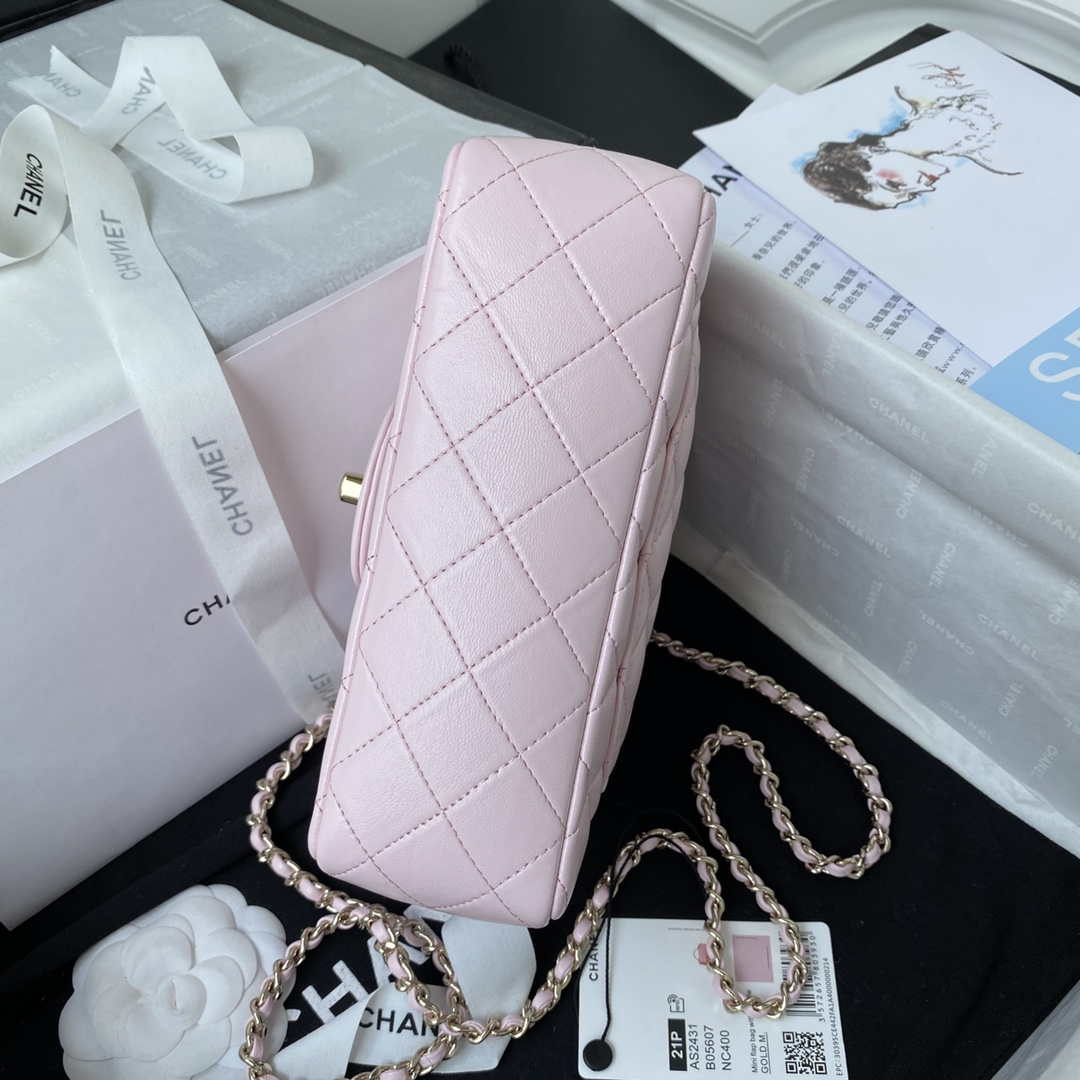 Chanel AS2431 Mini flap Lambskin bag with top handle Light gold Pink