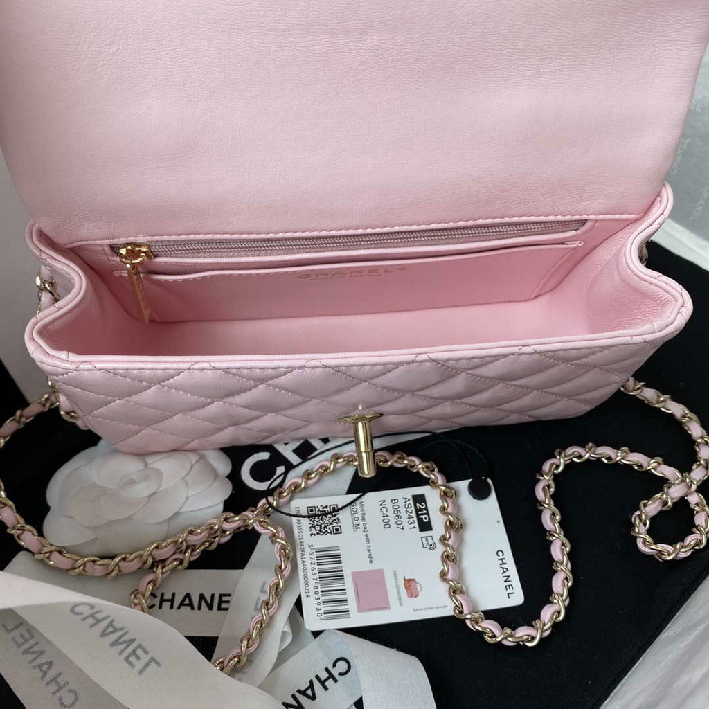 Chanel AS2431 Mini flap Lambskin bag with top handle Light gold Pink