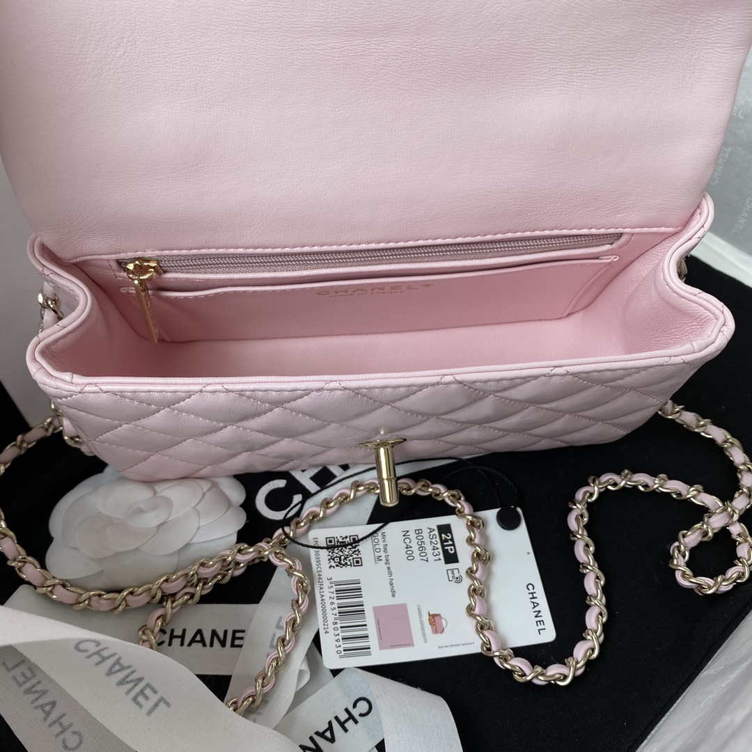 Chanel AS2431 Mini flap Lambskin bag with top handle Light gold Pink