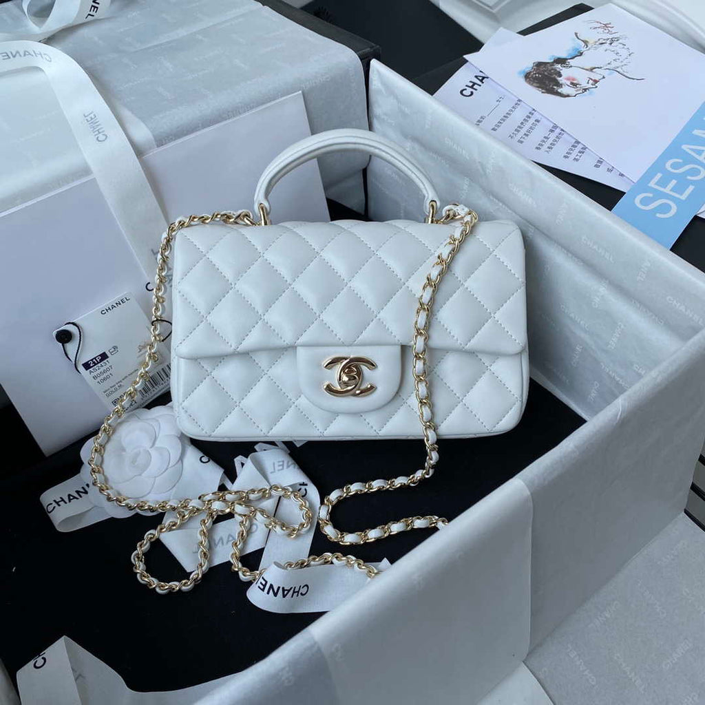 Chanel AS2431 Mini flap Lambskin bag with top handle Light gold White