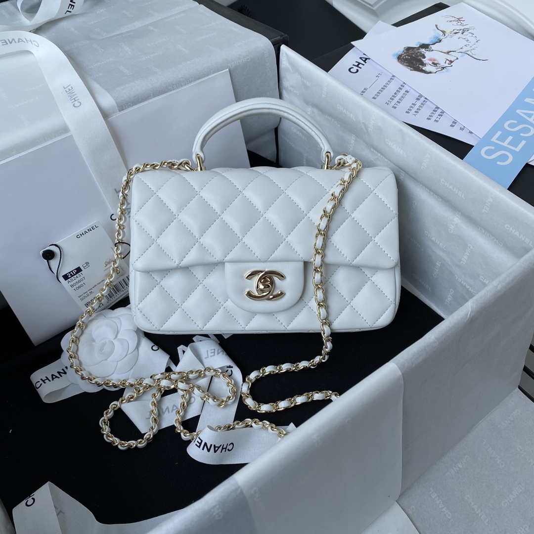 Chanel AS2431 Mini flap Lambskin bag with top handle Light gold White