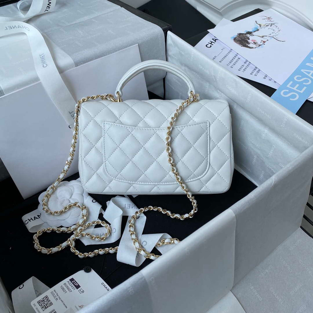 Chanel AS2431 Mini flap Lambskin bag with top handle Light gold White