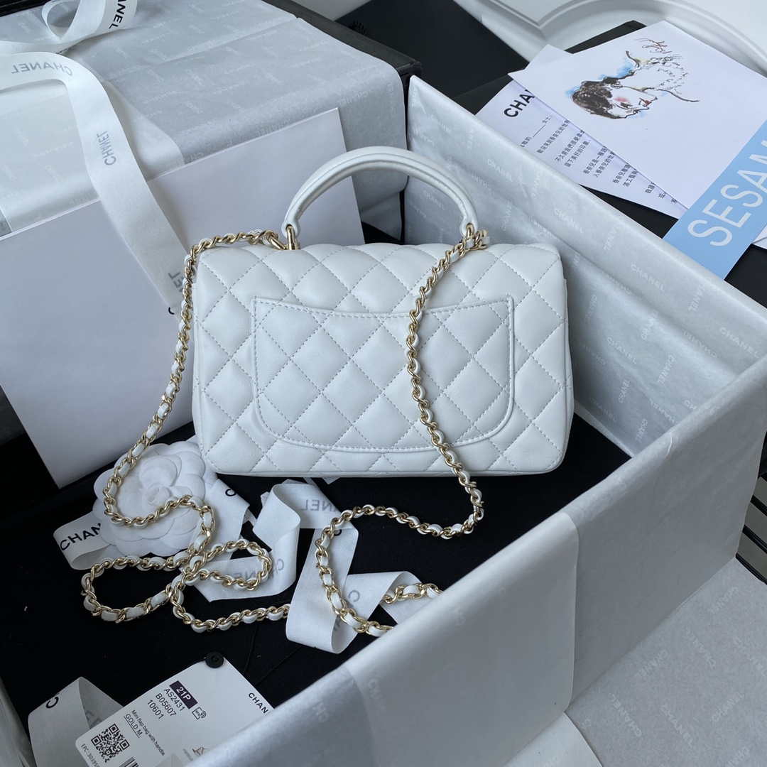 Chanel AS2431 Mini flap Lambskin bag with top handle Light gold White