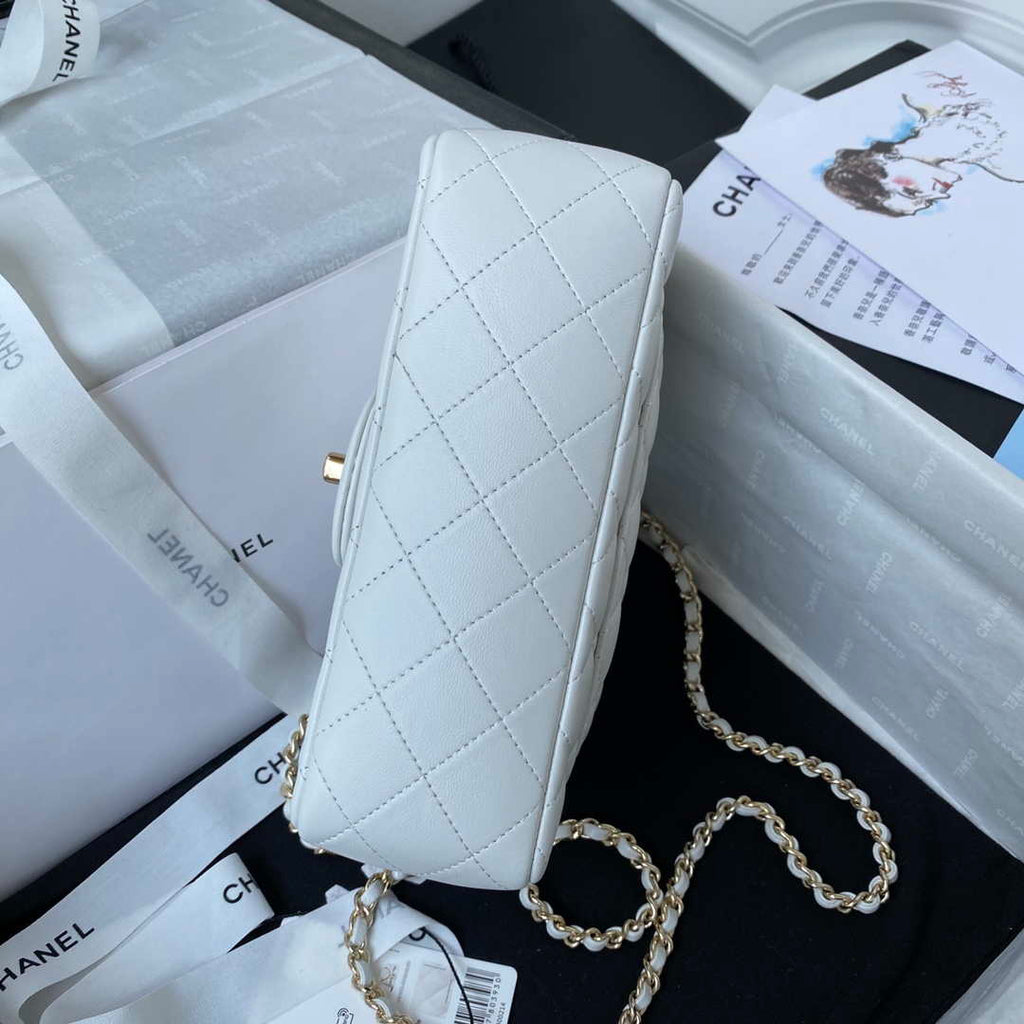 Chanel AS2431 Mini flap Lambskin bag with top handle Light gold White