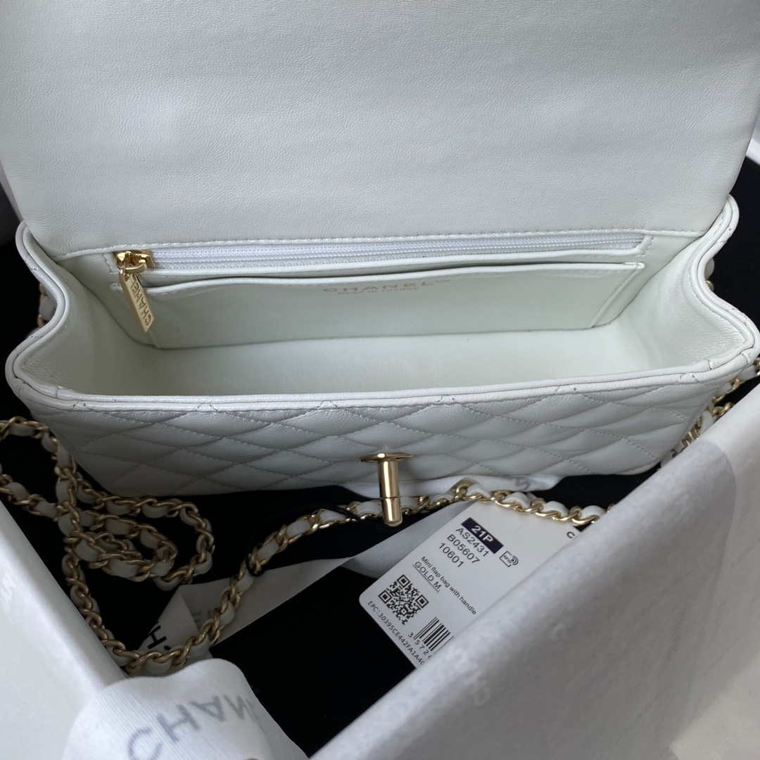 Chanel AS2431 Mini flap Lambskin bag with top handle Light gold White