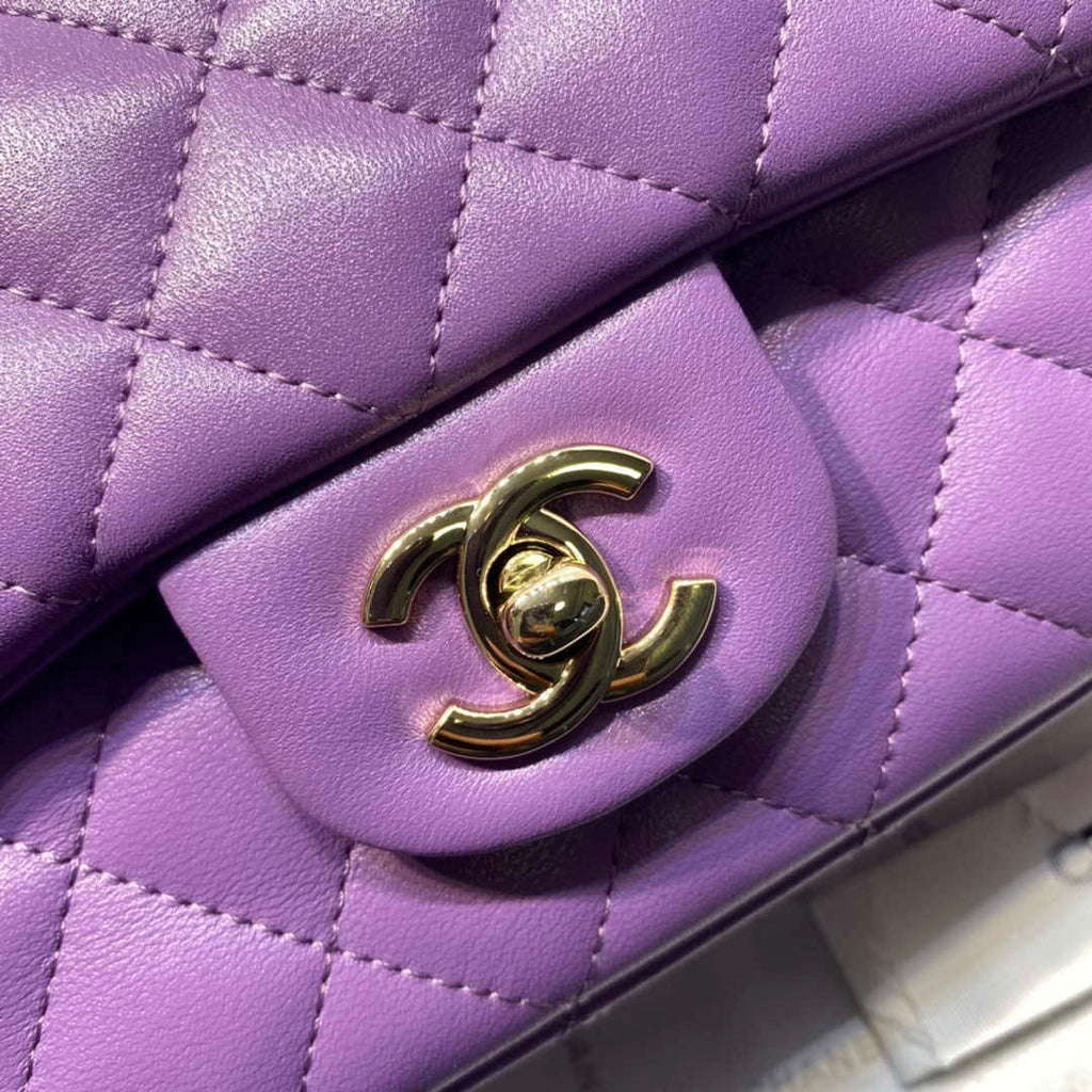 Chanel AS2431 Mini Flap Lambskin Bag with top Handle Purple Bright gold