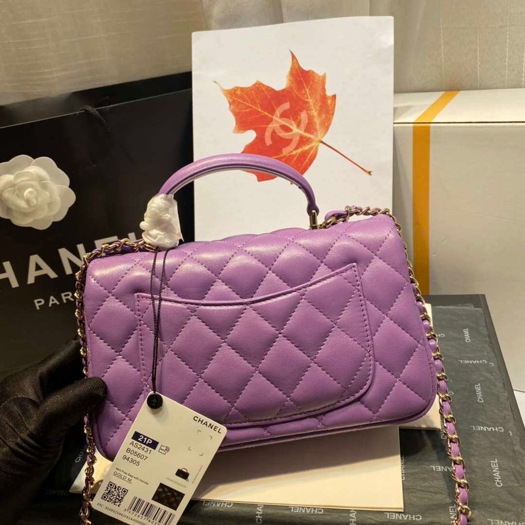 Chanel AS2431 Mini Flap Lambskin Bag with top Handle Purple Bright gold