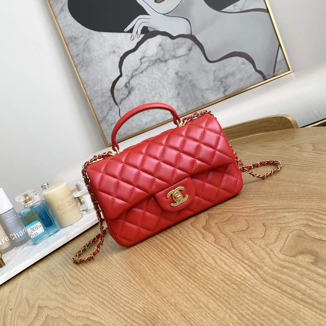 Chanel AS2431 Mini flap Lambskin bag with top handle Red bright gold - Default Title - View 1