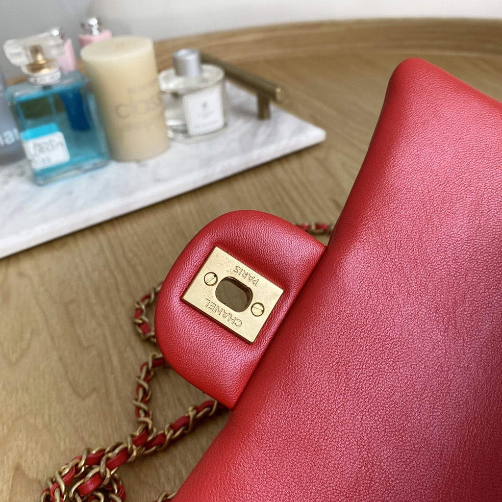 Chanel AS2431 Mini flap Lambskin bag with top handle Red bright gold