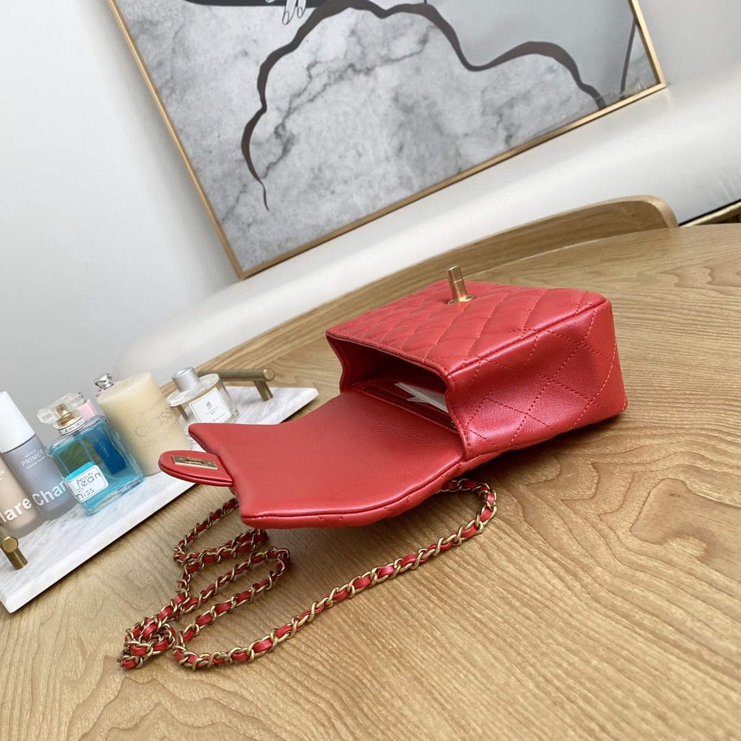 Chanel AS2431 Mini flap Lambskin bag with top handle Red bright gold