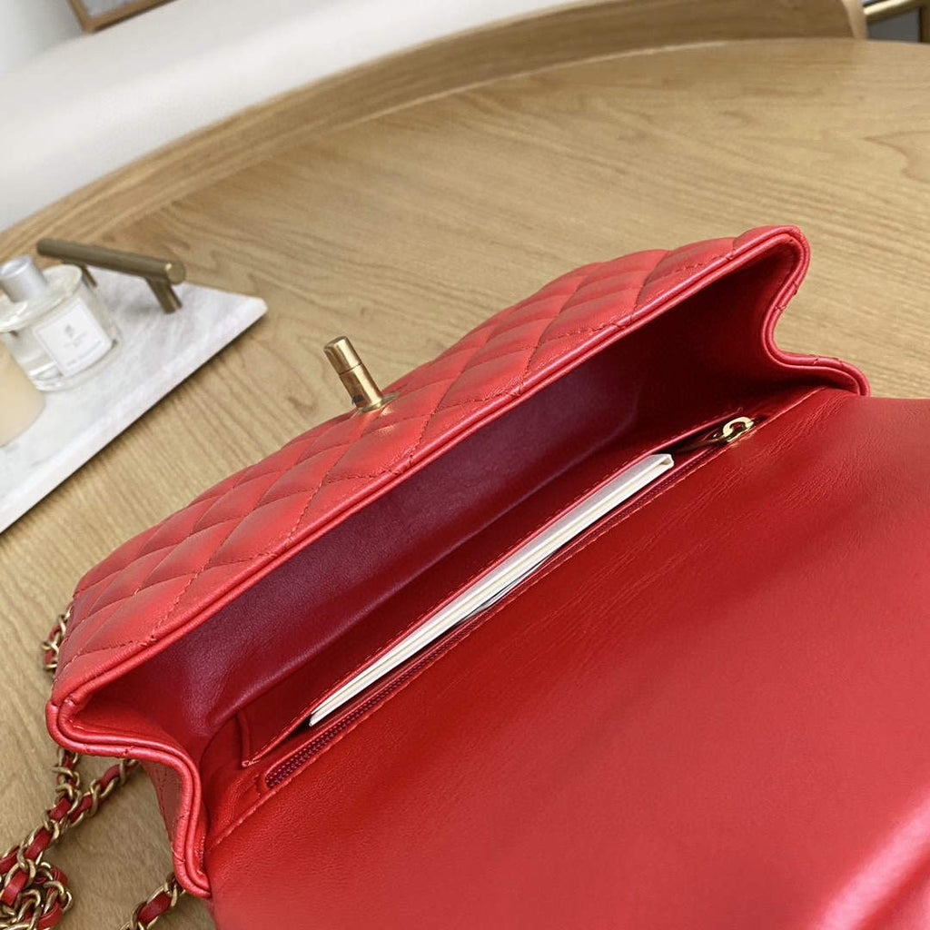 Chanel AS2431 Mini flap Lambskin bag with top handle Red bright gold
