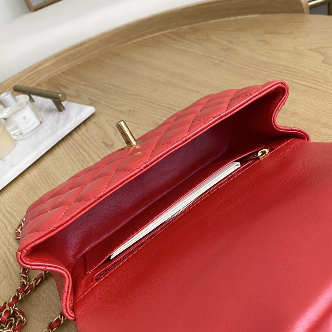Chanel AS2431 Mini flap Lambskin bag with top handle Red bright gold