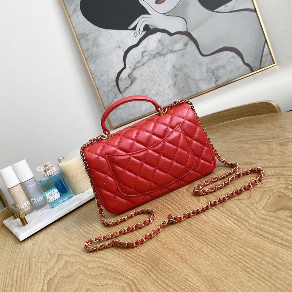 Chanel AS2431 Mini flap Lambskin bag with top handle Red bright gold