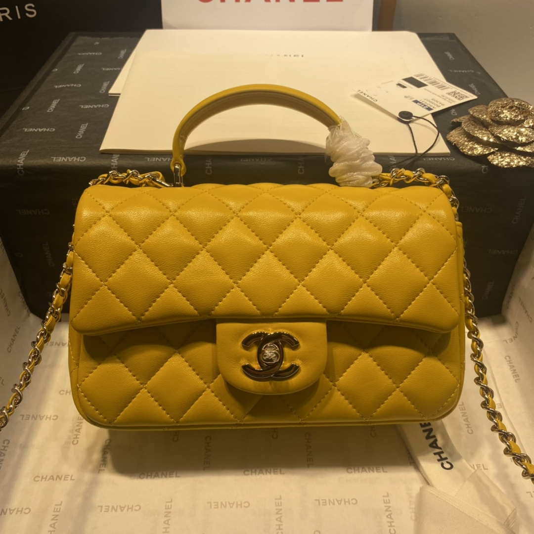Chanel AS2431 Mini Flap Lambskin Bag with top Handle Yellow Bright gold