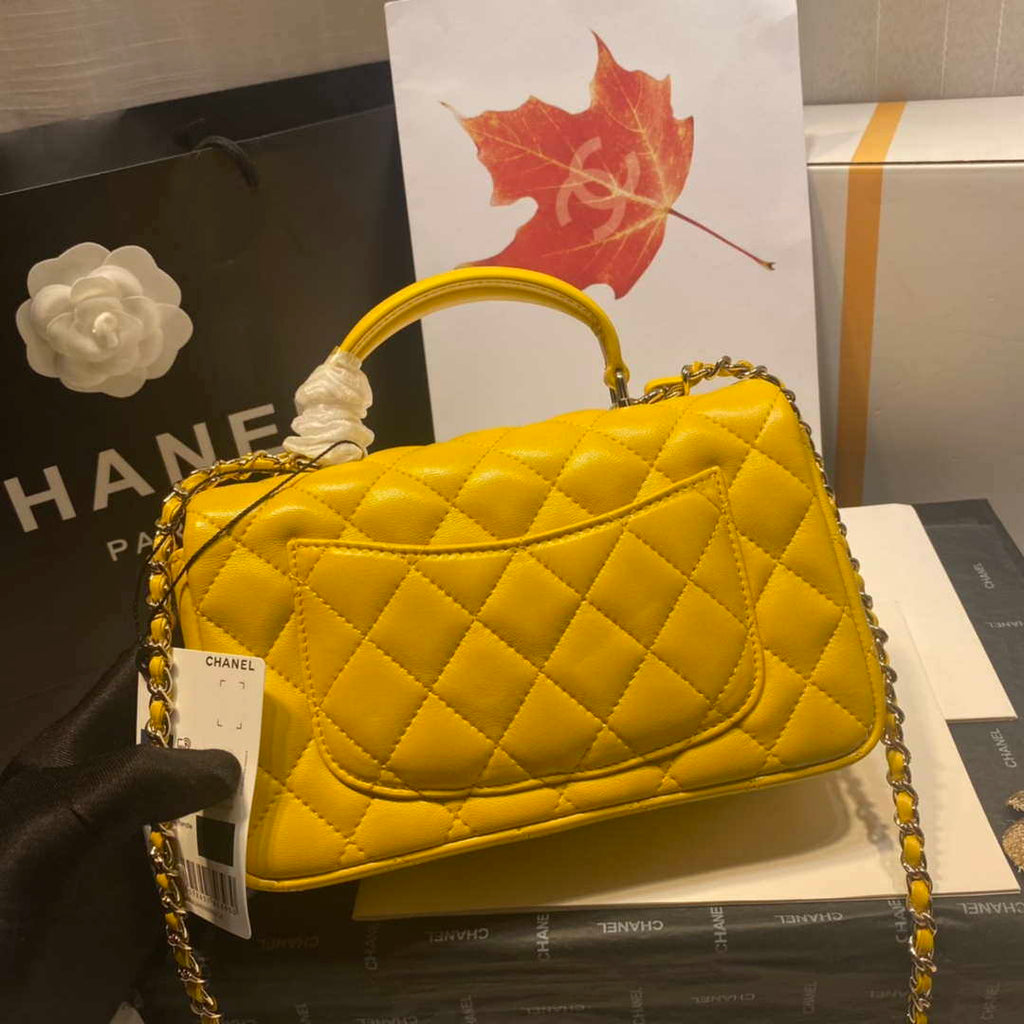 Chanel AS2431 Mini Flap Lambskin Bag with top Handle Yellow Bright gold