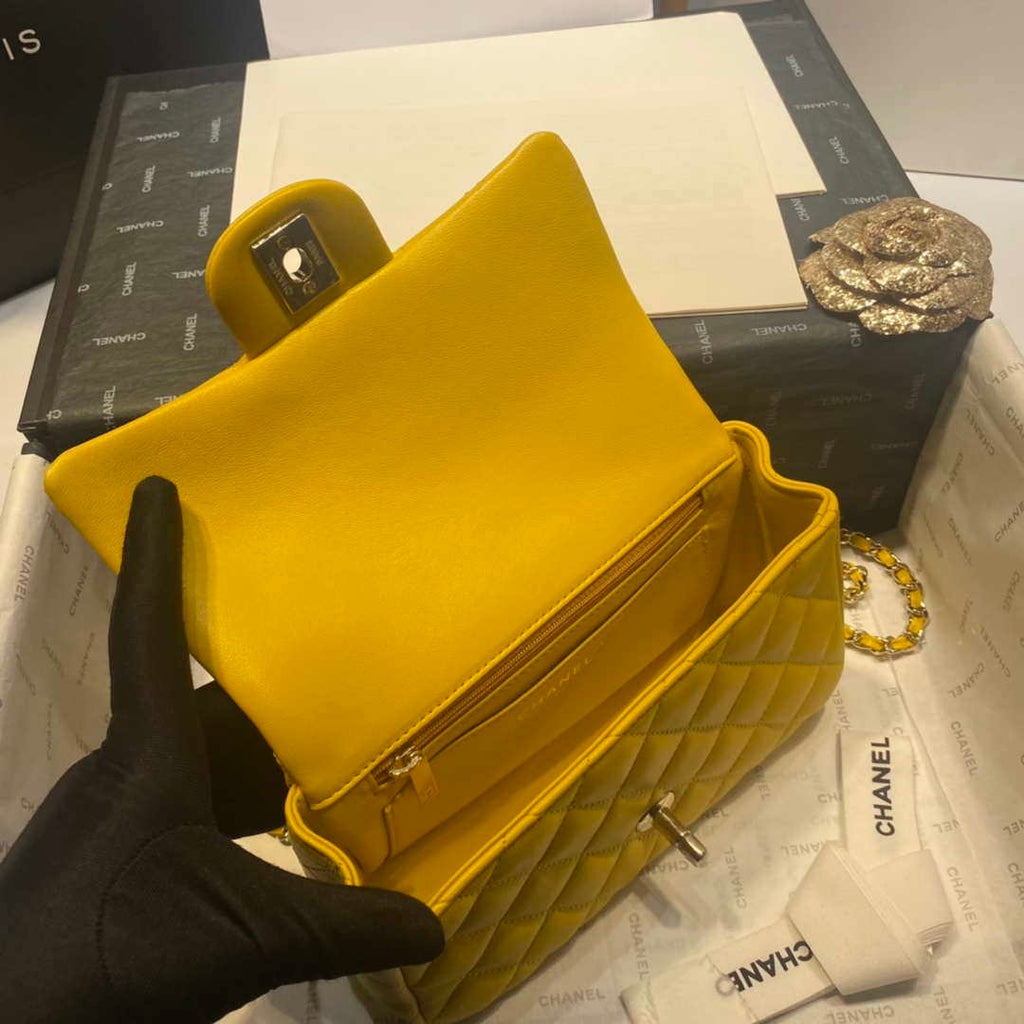 Chanel AS2431 Mini Flap Lambskin Bag with top Handle Yellow Bright gold