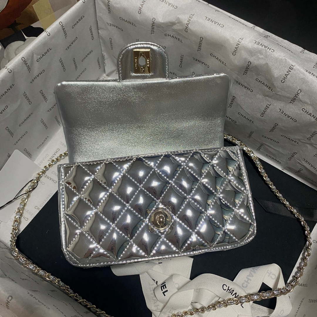 Chanel AS2431 Mini flap Mirror Calfskin Metallic Calfskin & Gold-Tone Metal Silver - Default Title - View 6