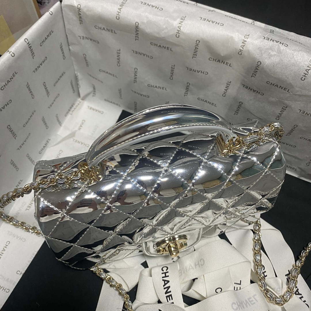 Chanel AS2431 Mini flap Mirror Calfskin Metallic Calfskin & Gold-Tone Metal Silver - Default Title - View 9
