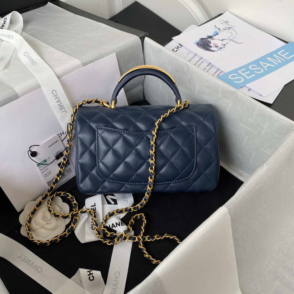 Chanel AS2431 Mini flap Navy Blue Lambskin bag with top handle Gold