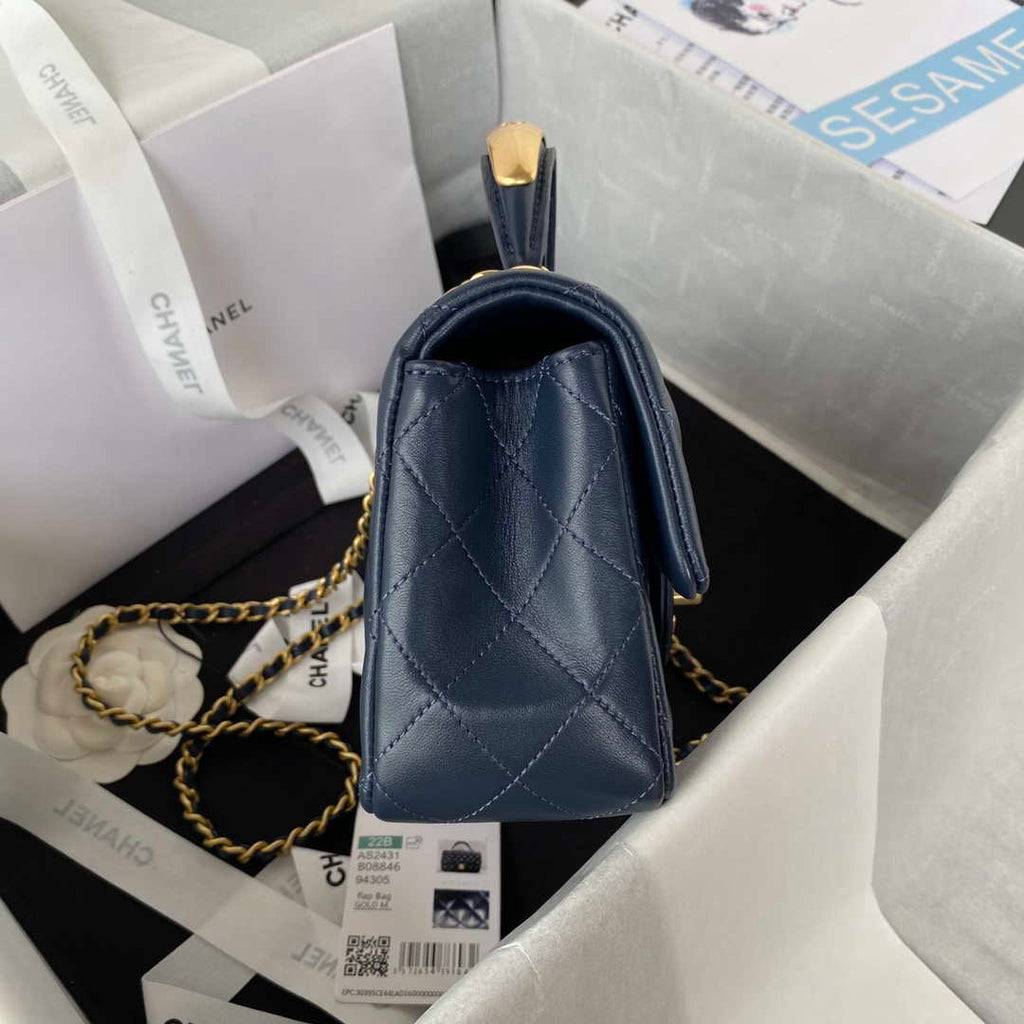 Chanel AS2431 Mini flap Navy Blue Lambskin bag with top handle Gold