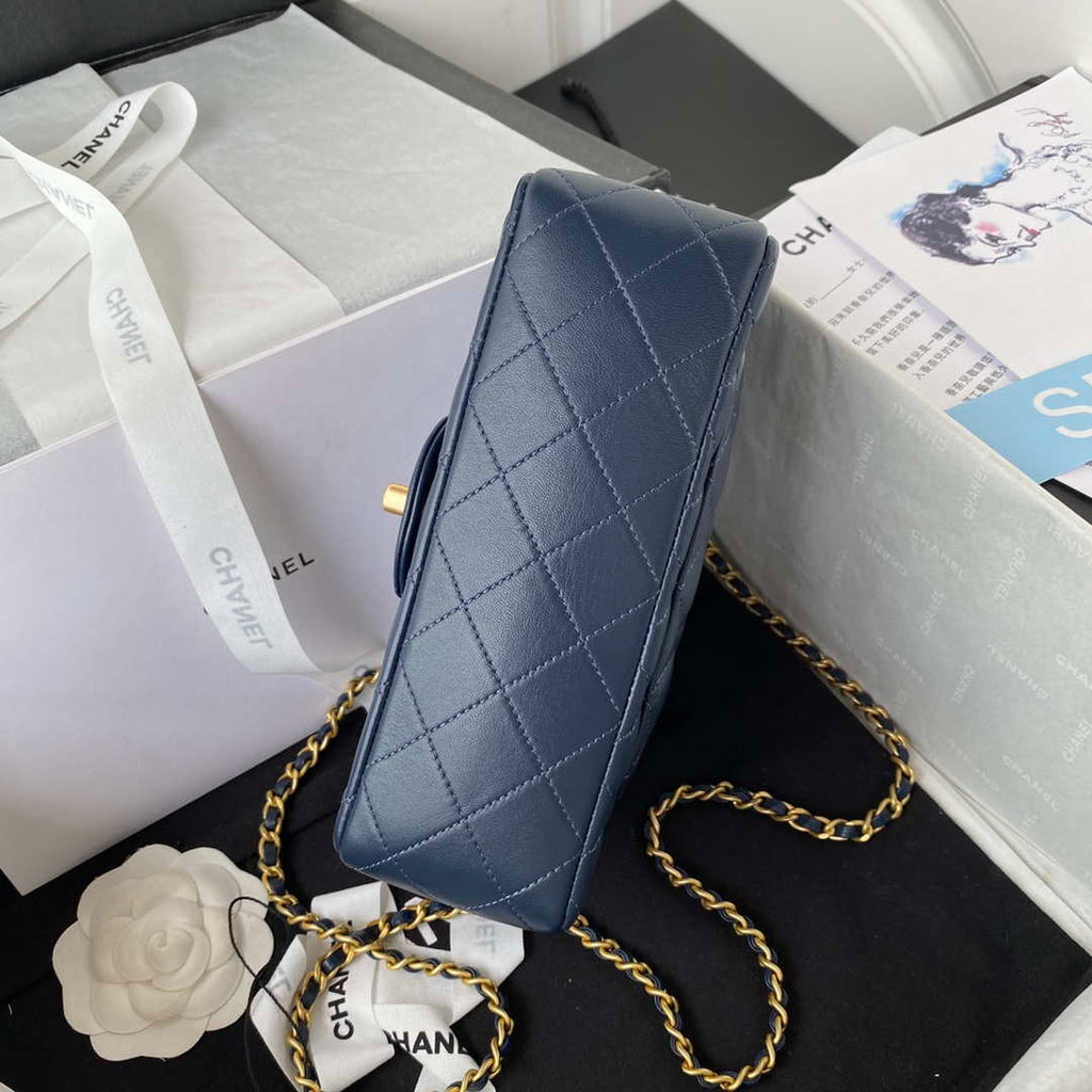 Chanel AS2431 Mini flap Navy Blue Lambskin bag with top handle Gold